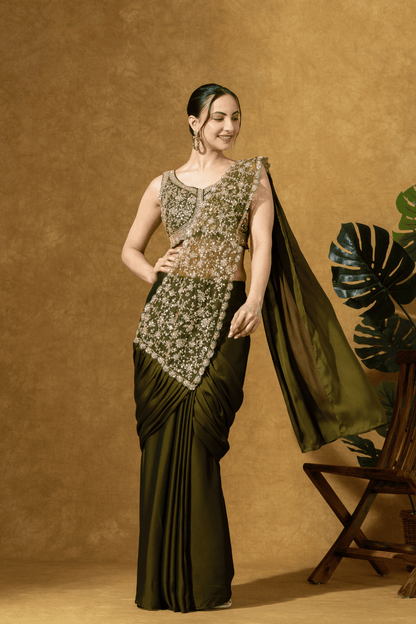 Olive Green Embroidered PreDrape Saree Set