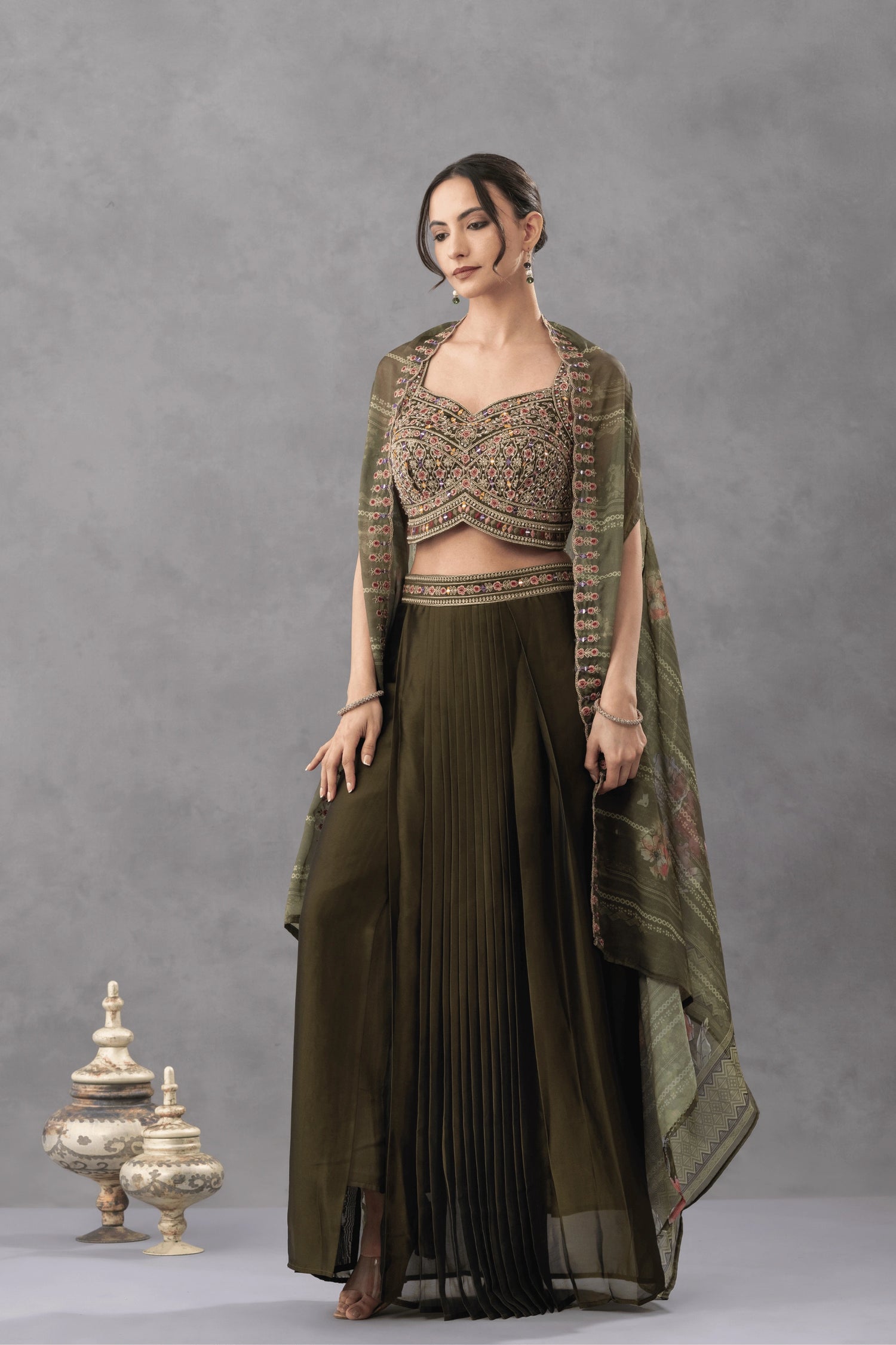 Deep Olive Green Skirt Cape set