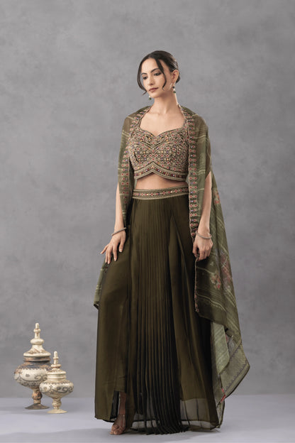 Deep Olive Green Skirt Cape set