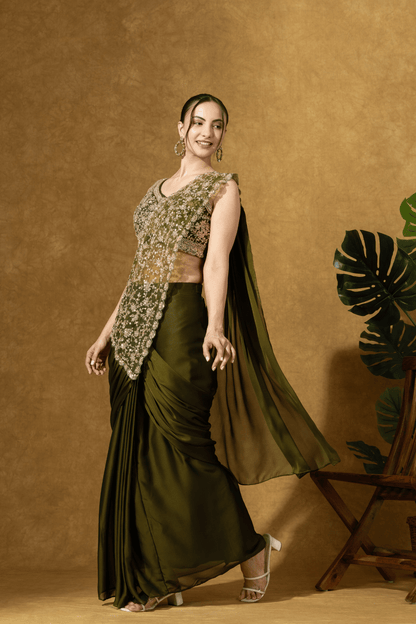Olive Green Embroidered PreDrape Saree Set