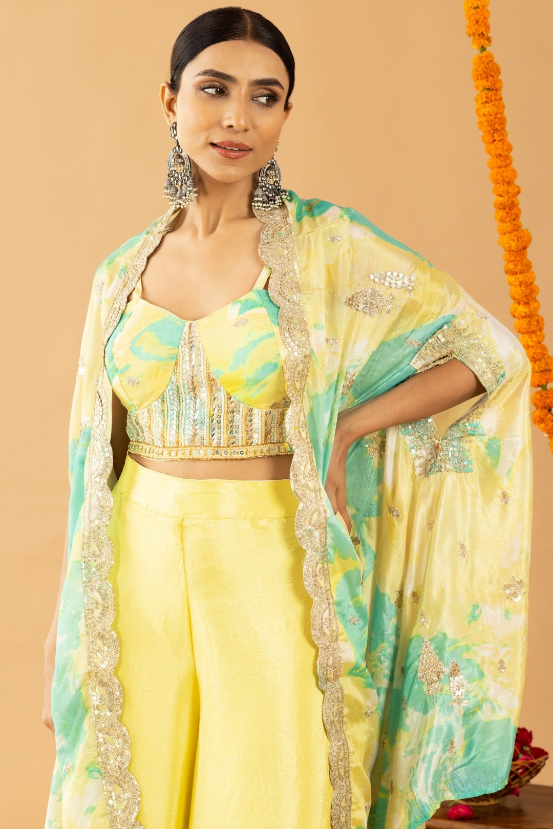 Yellow Green Printed Crop Top With palazzo and Jacket