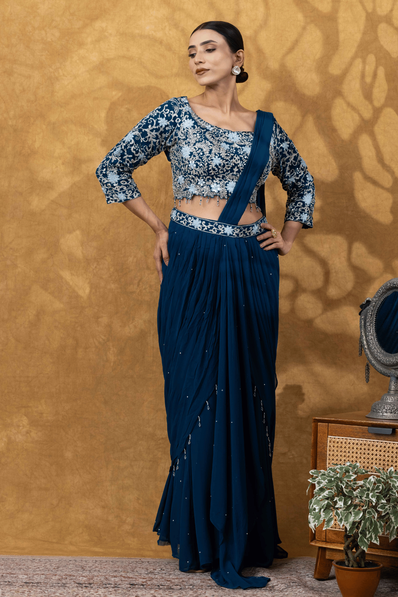 Teal Blue Embroidered Ready To Wear Saree Set