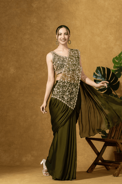 Olive Green Embroidered PreDrape Saree Set