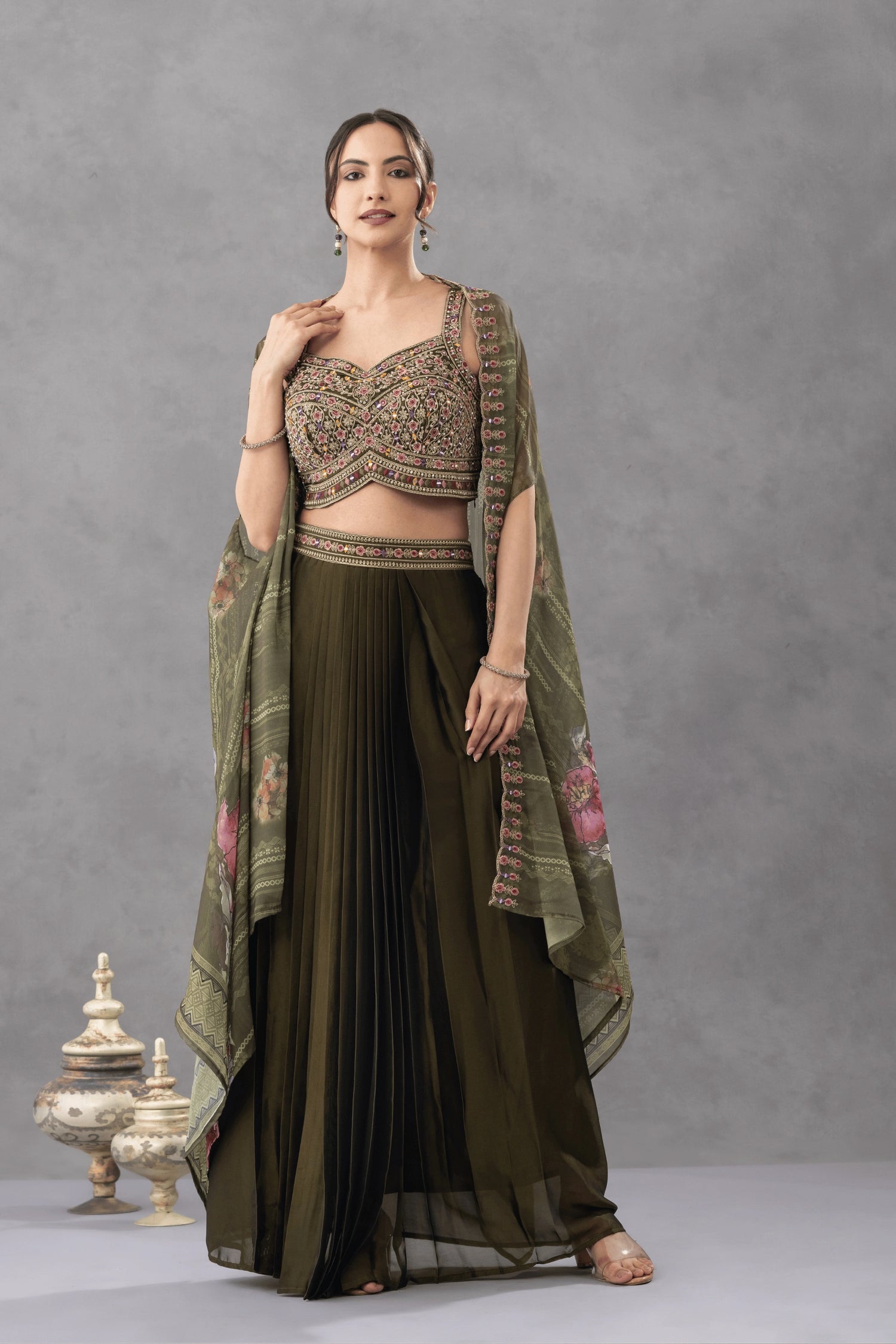 Deep Olive Green Skirt Cape set
