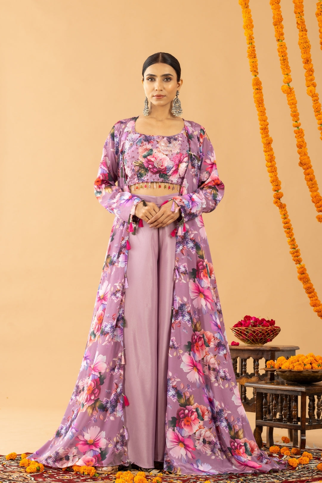 Lilac Palazzo Set with Printed Cape and Blouse