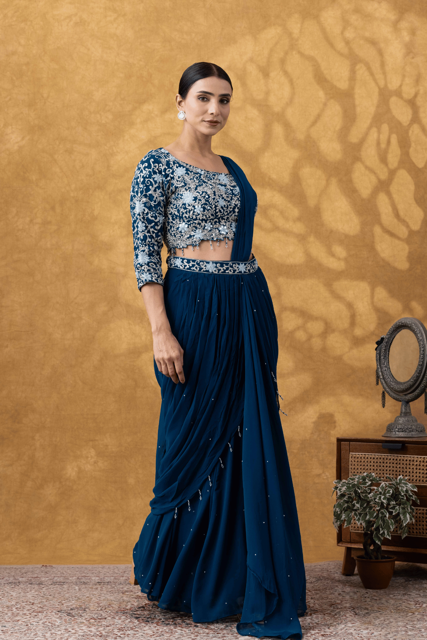 Teal Blue Embroidered Ready To Wear Saree Set