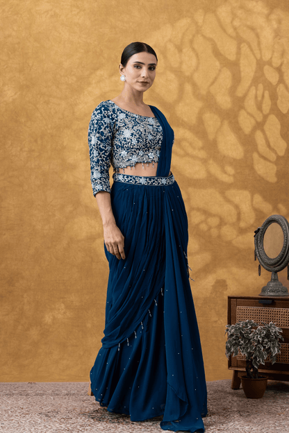 Teal Blue Embroidered Ready To Wear Saree Set