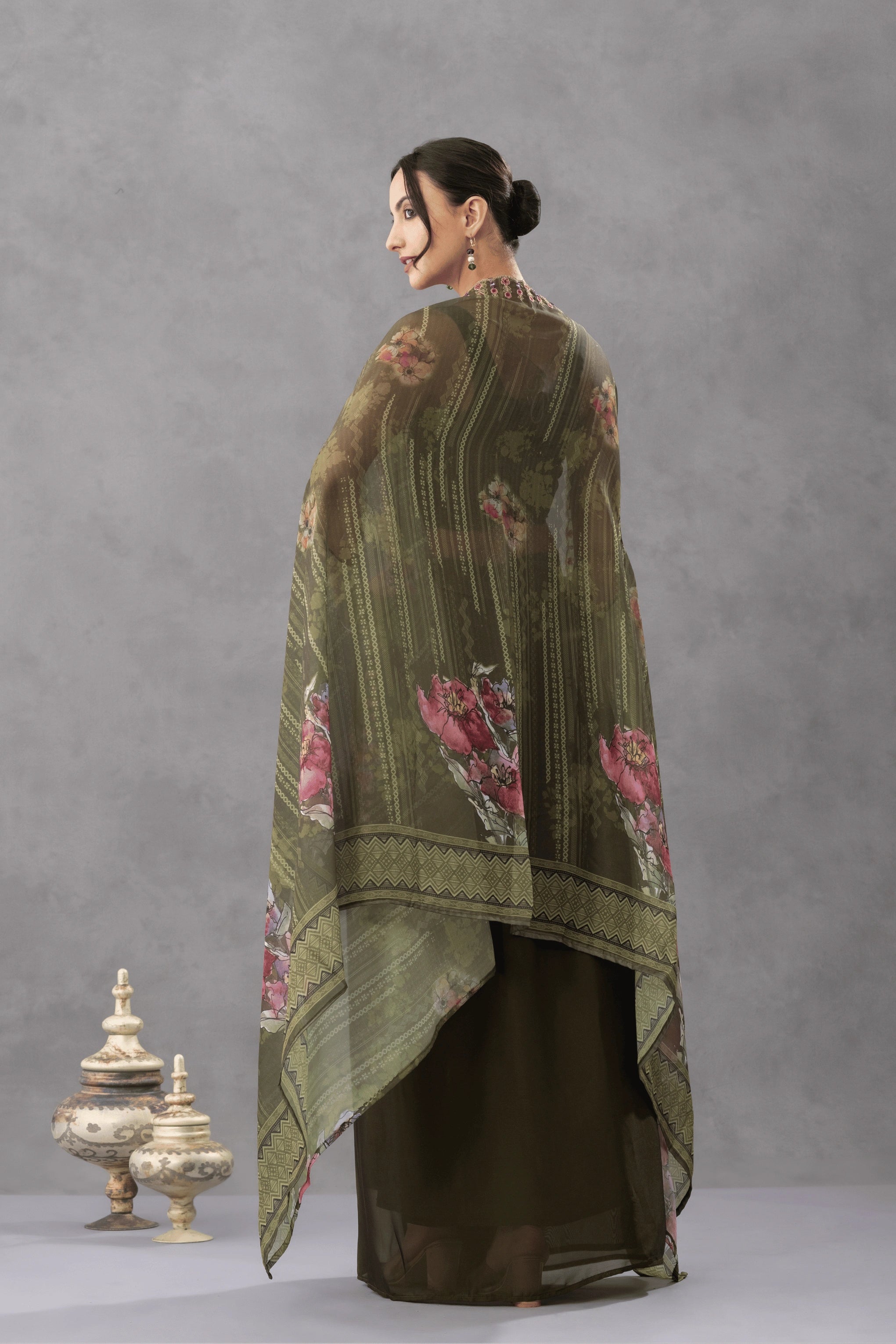 Deep Olive Green Skirt Cape set