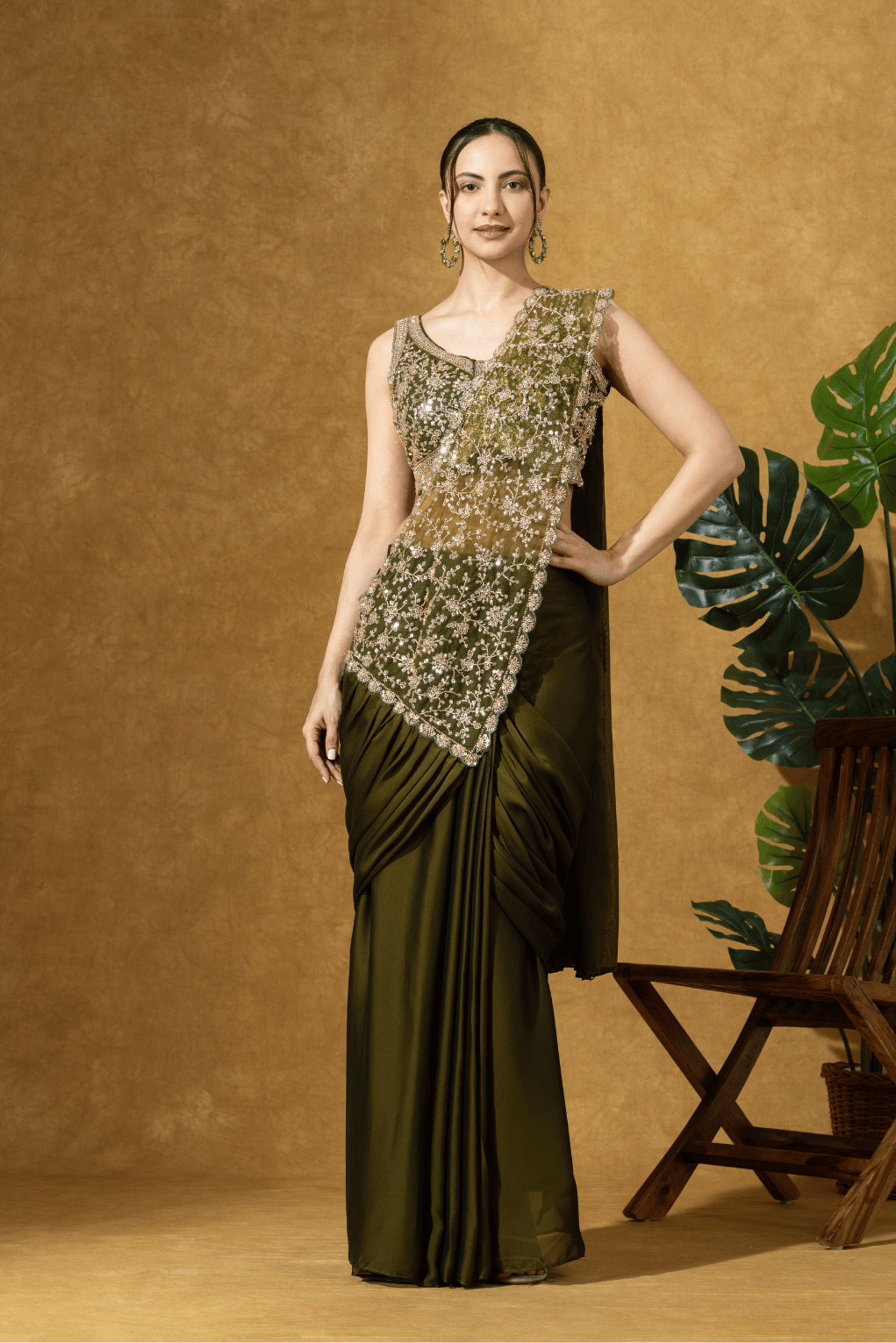 Olive Green Embroidered PreDrape Saree Set