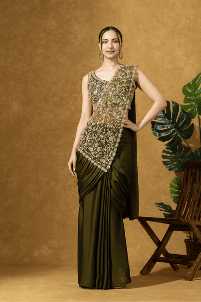 Olive Green Embroidered PreDrape Saree Set