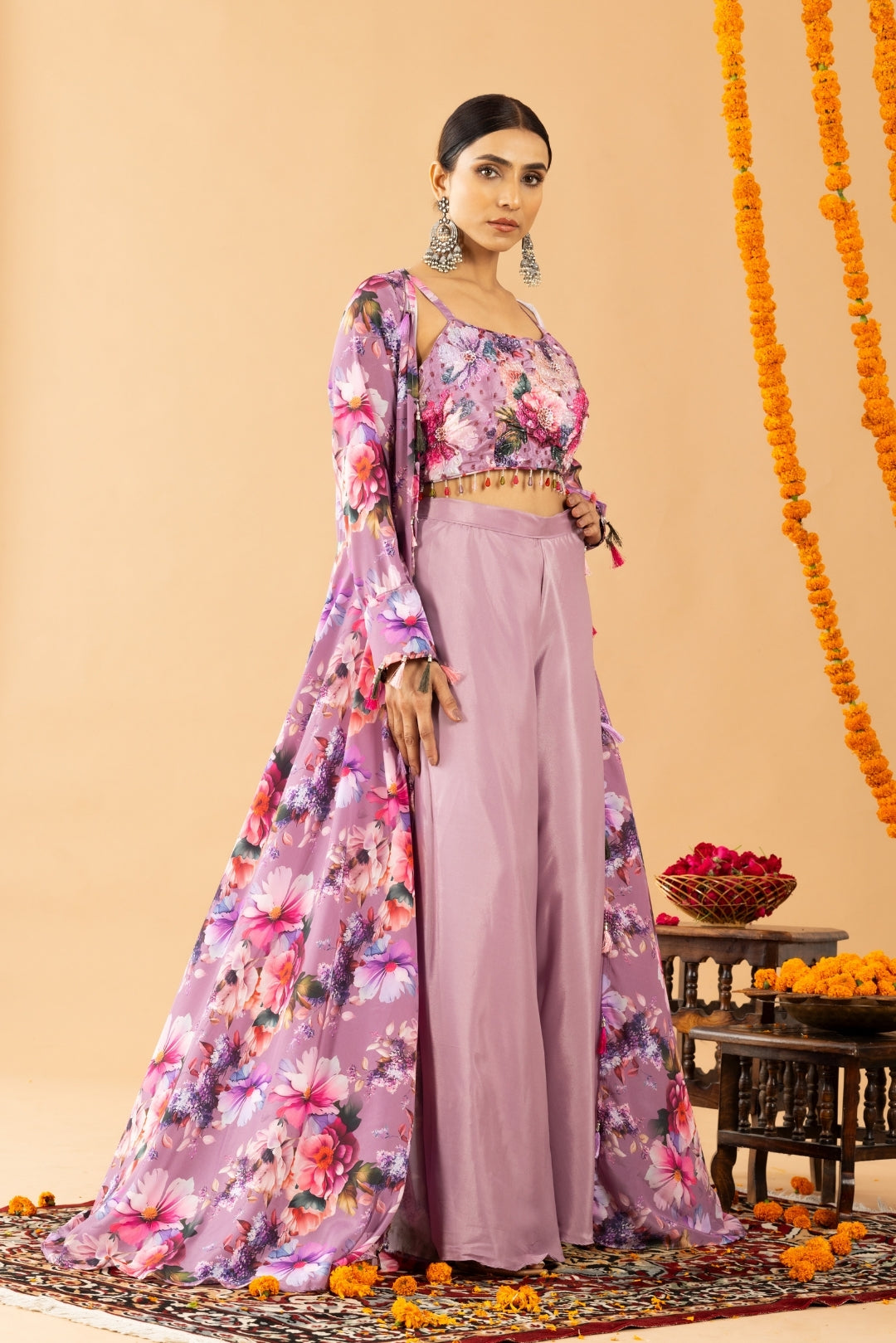 Lilac Palazzo Set with Printed Cape and Blouse