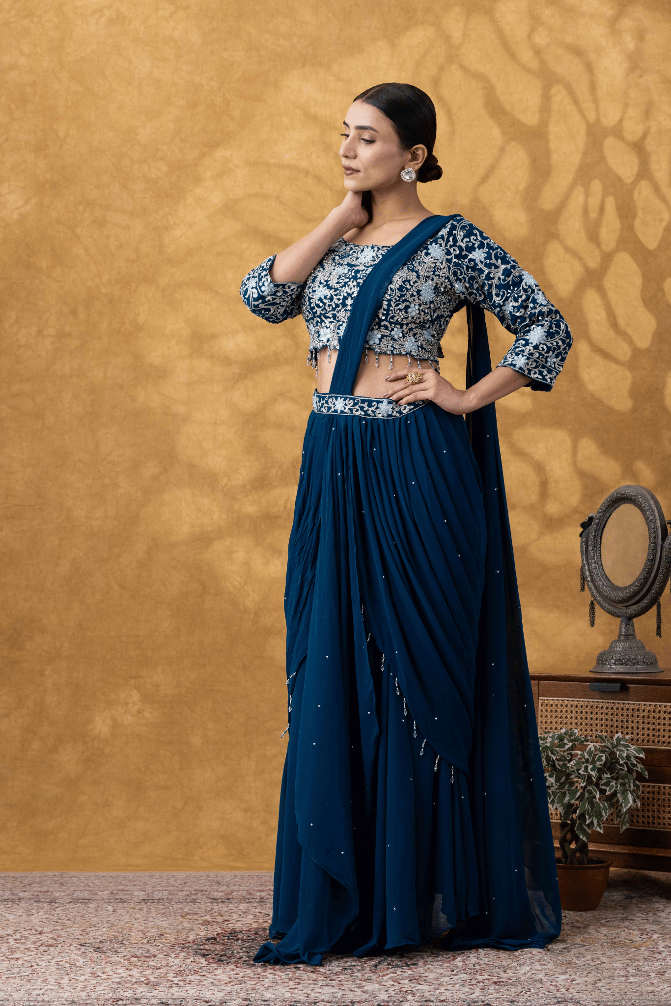 Teal Blue Embroidered Ready To Wear Saree Set