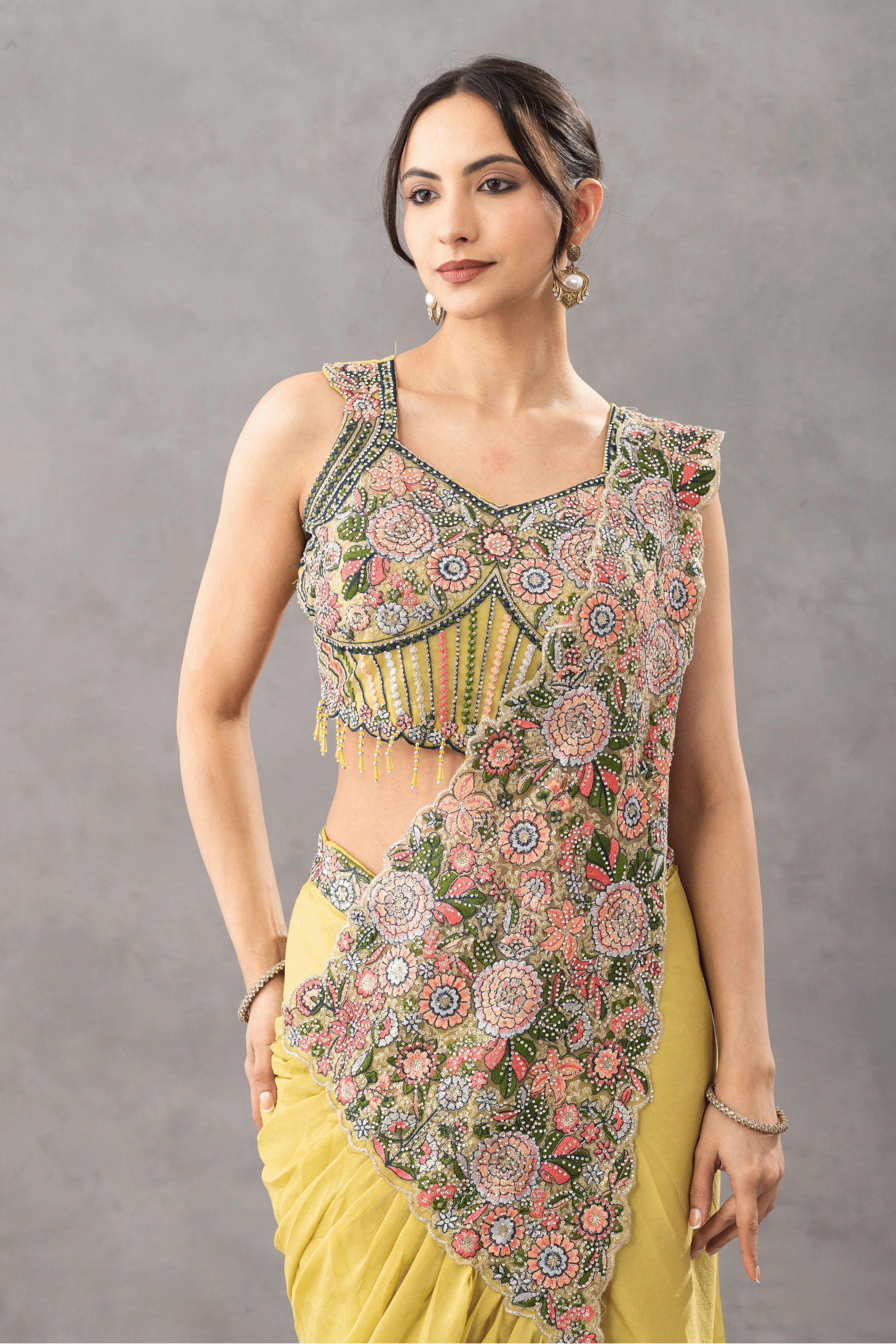 Antique Mustard Draped Saree with Floral Embroidered Blouse