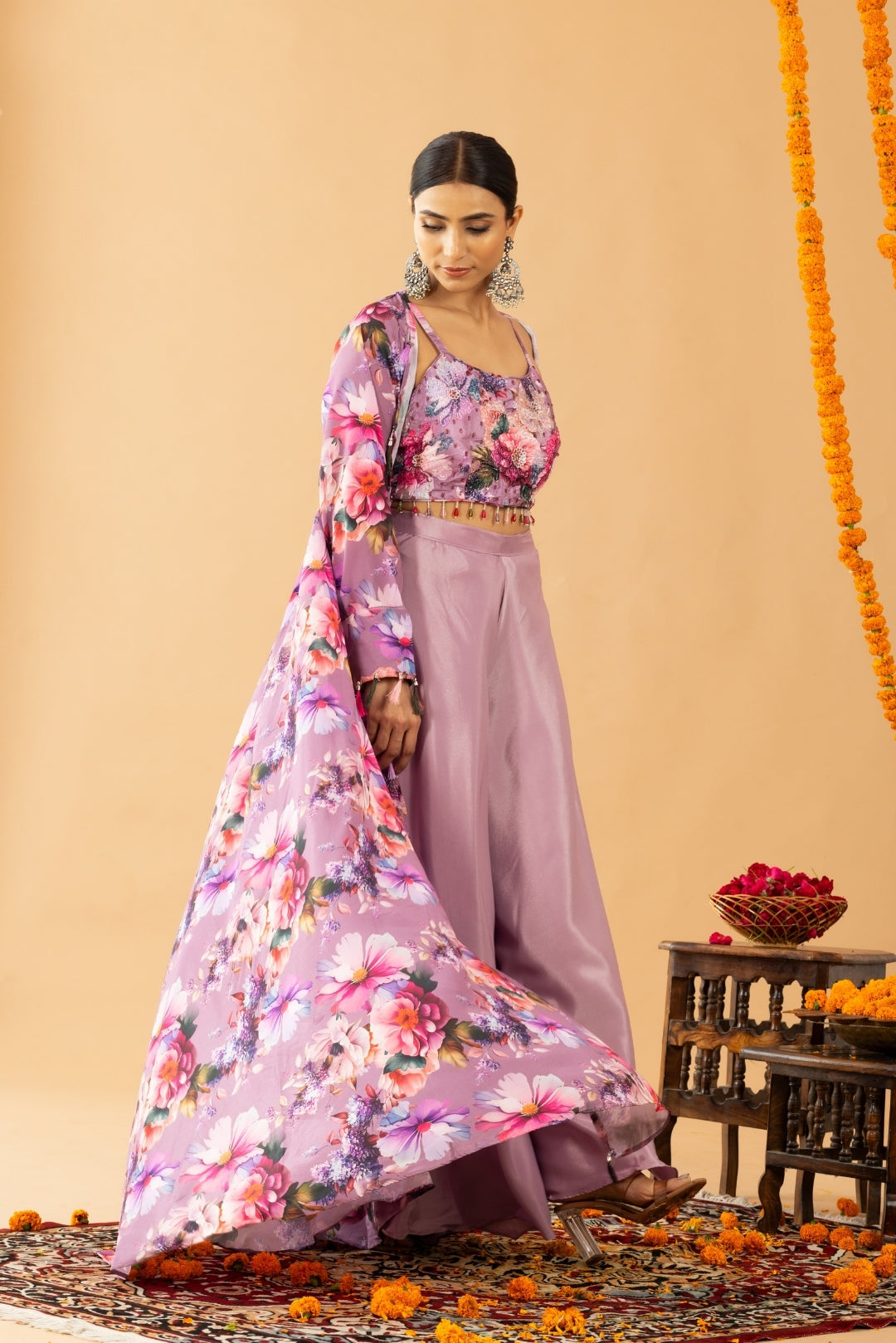 Lilac Palazzo Set with Printed Cape and Blouse