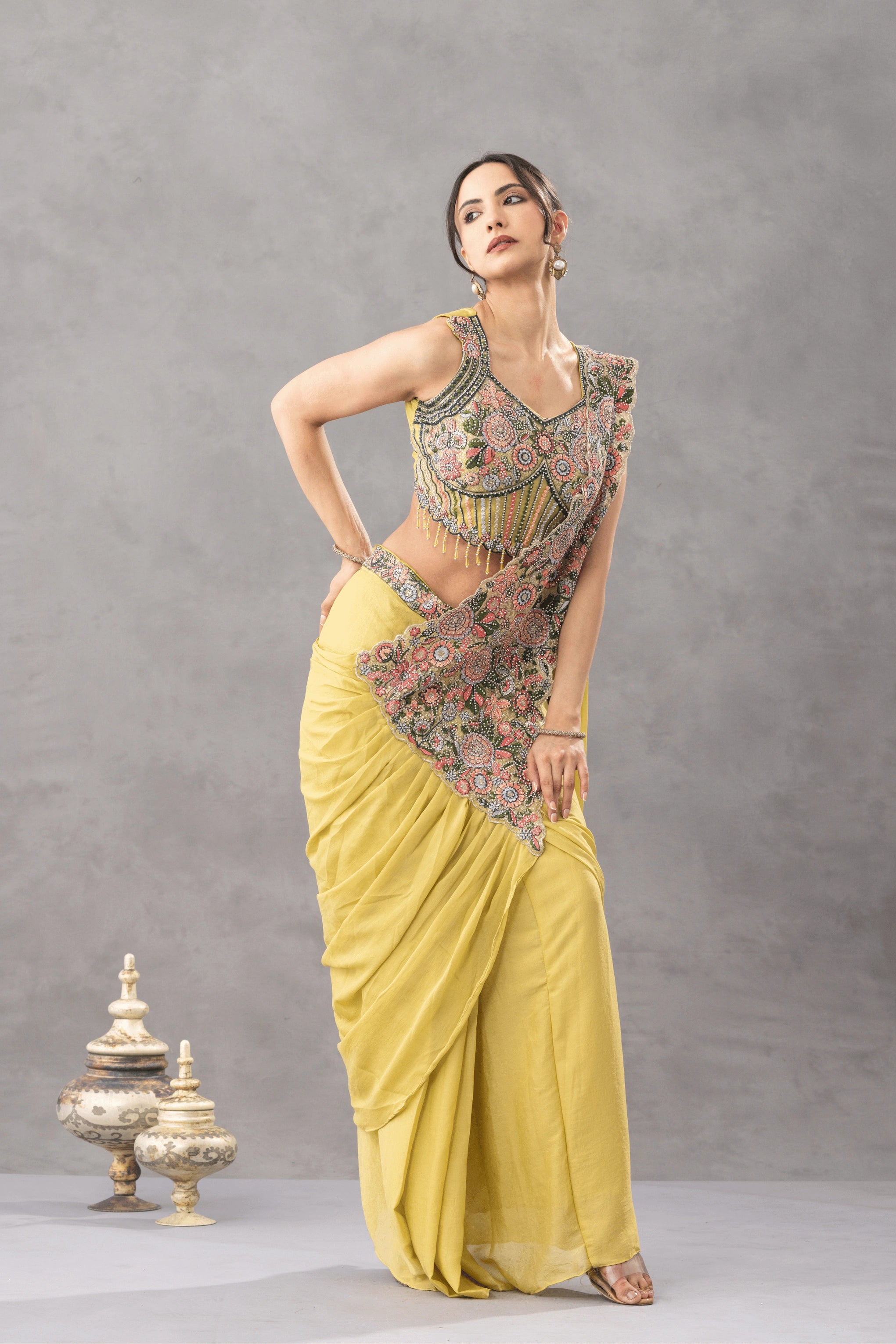 Antique Mustard Draped Saree with Floral Embroidered Blouse