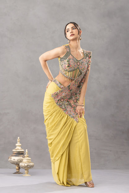 Antique Mustard Draped Saree with Floral Embroidered Blouse