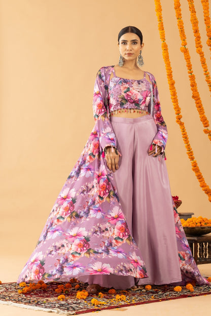 Lilac Palazzo Set with Printed Cape and Blouse