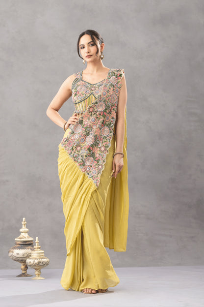 Antique Mustard Draped Saree with Floral Embroidered Blouse