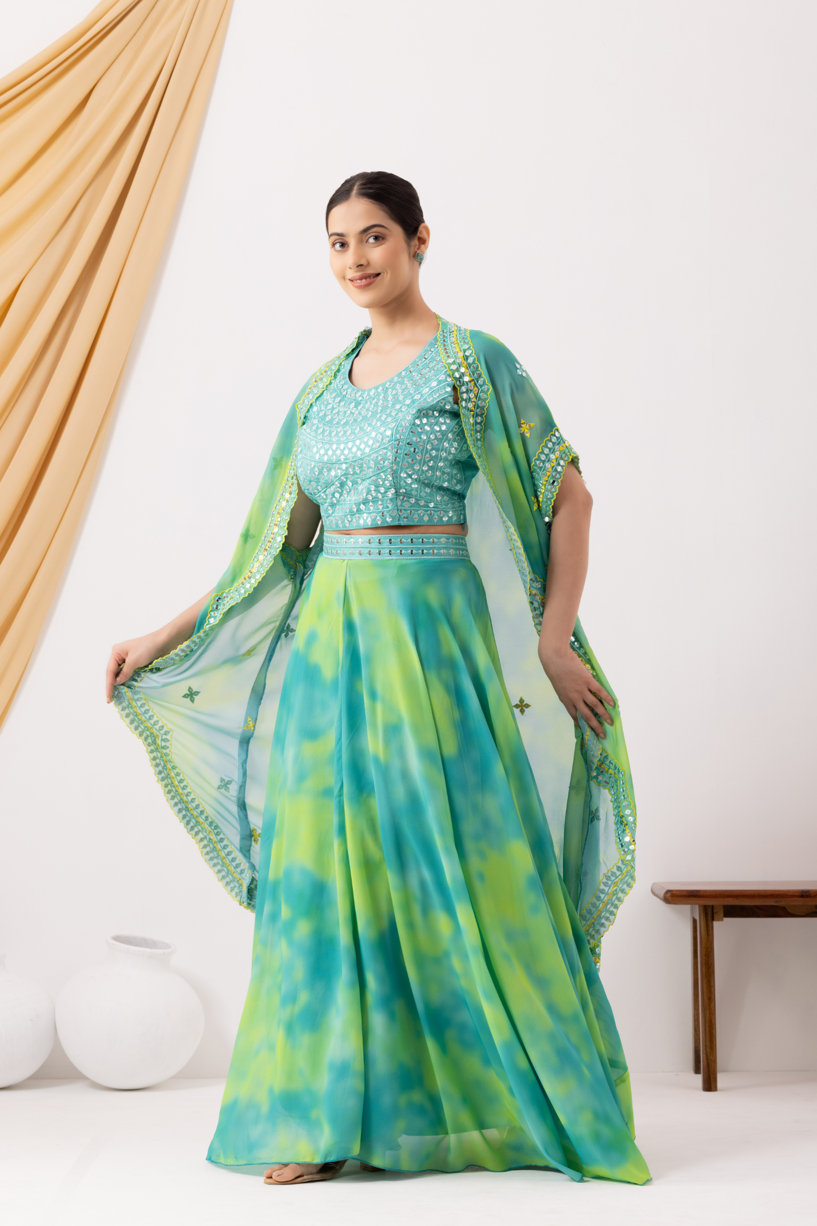 Green Tie &amp; Dye Flared Lehenga Set