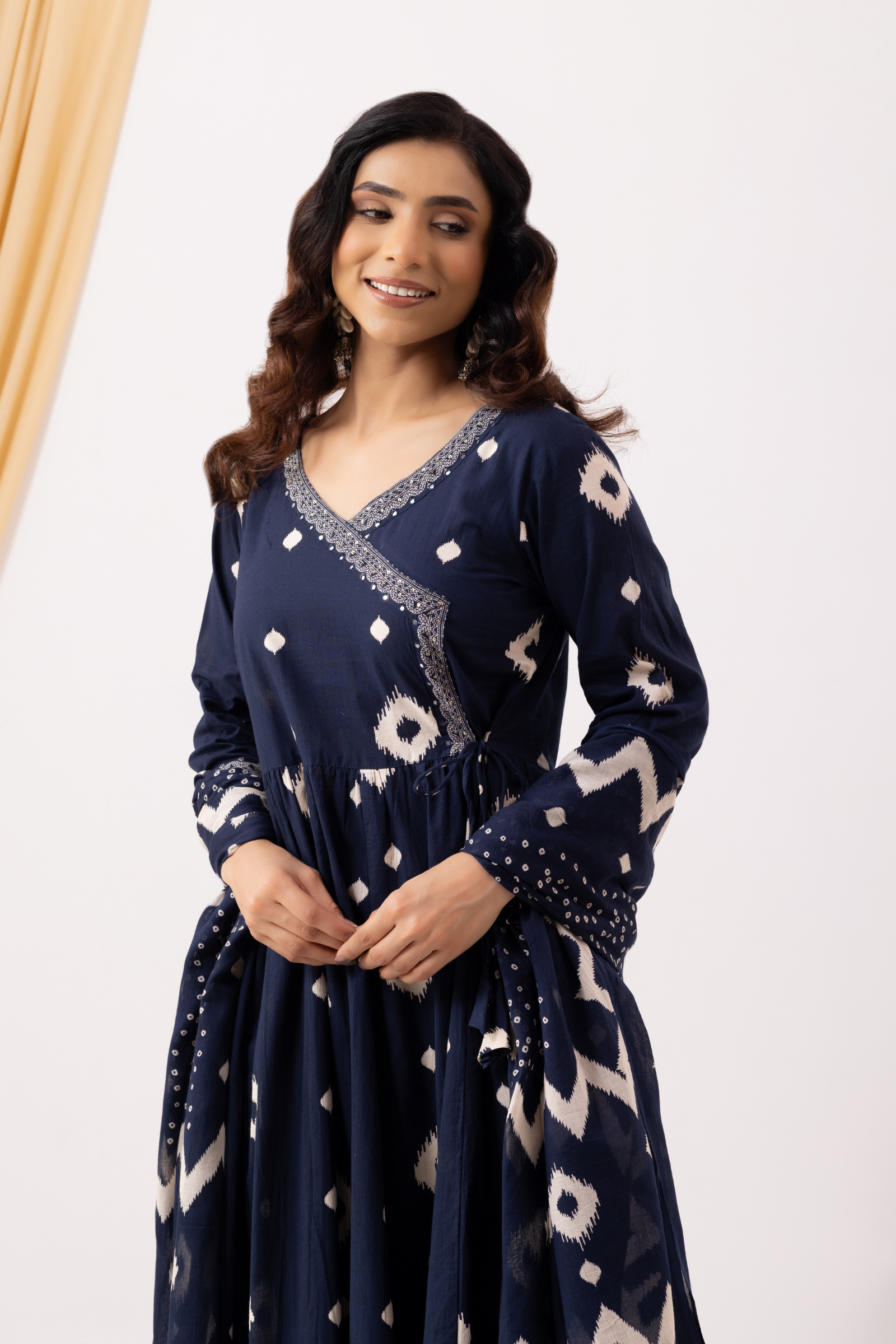 Blue Cotton Printed Angrakha Anarkali Suit Set