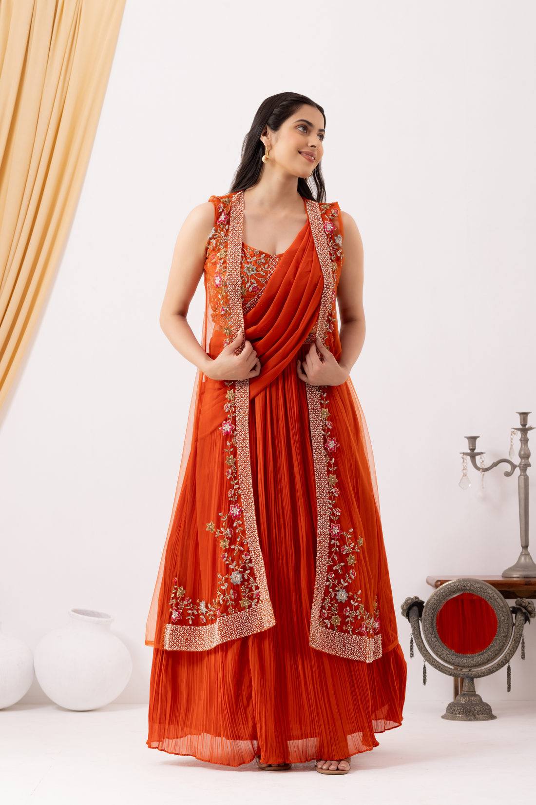 Orange Georgette Draped Jacket Saree Set