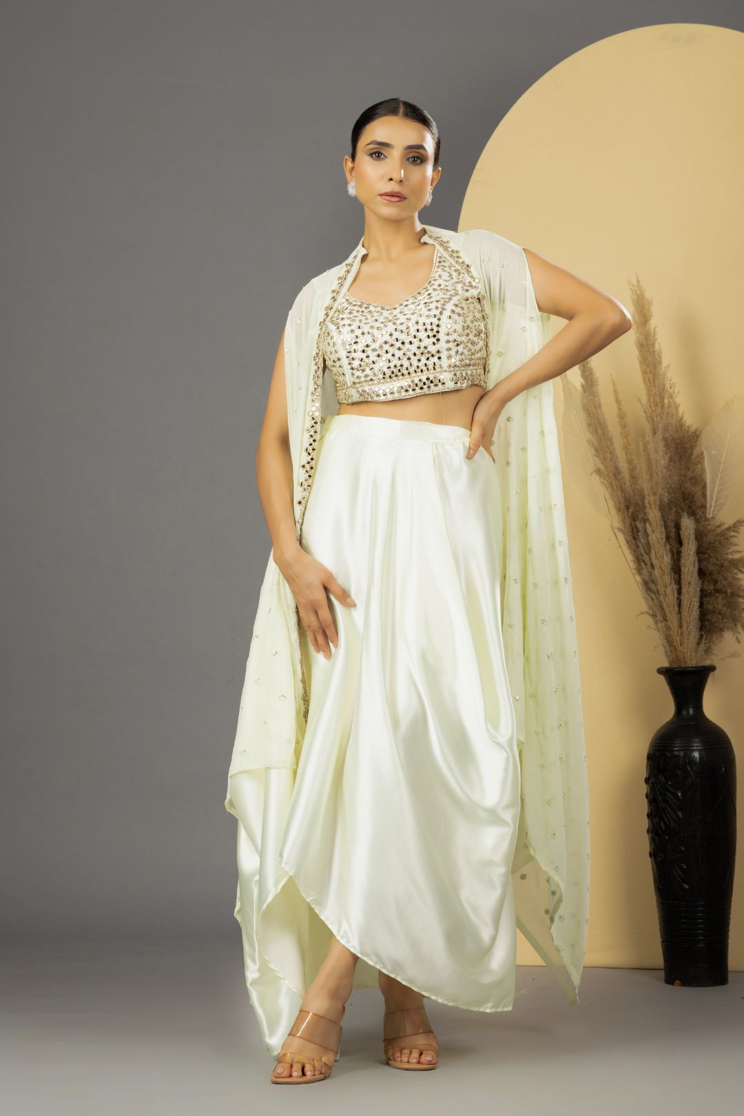 Pearl White Mirror Work Dhoti Style Set with Cape