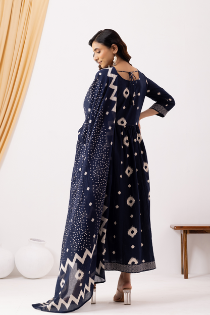 Blue Cotton Printed Angrakha Anarkali Suit Set