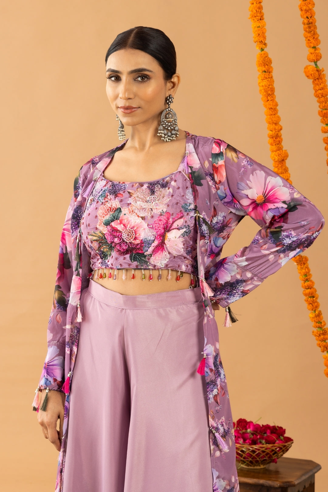 Lilac Palazzo Set with Printed Cape and Blouse