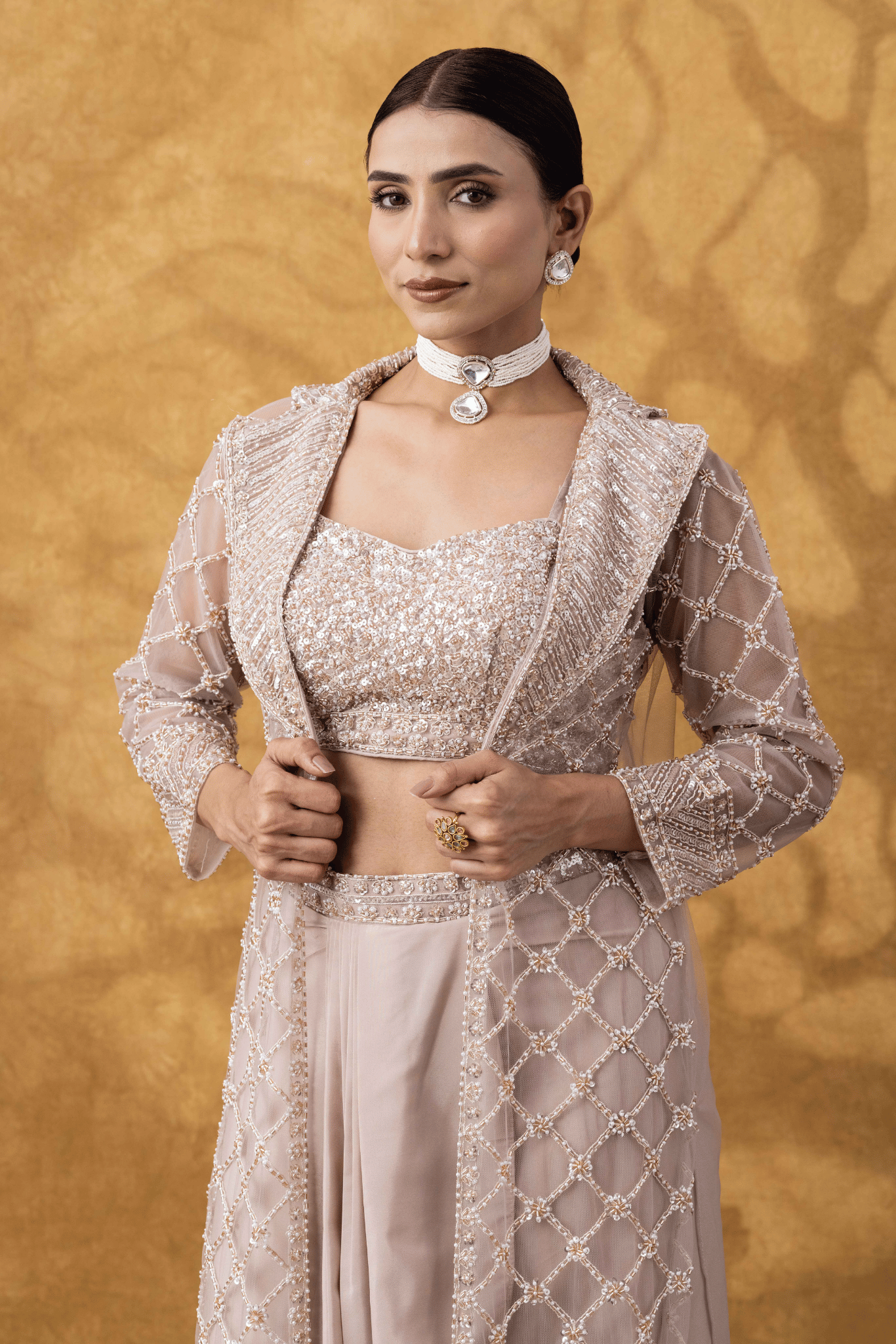 Nude Champagne Embellished Jacket &amp; Drape Skirt Set