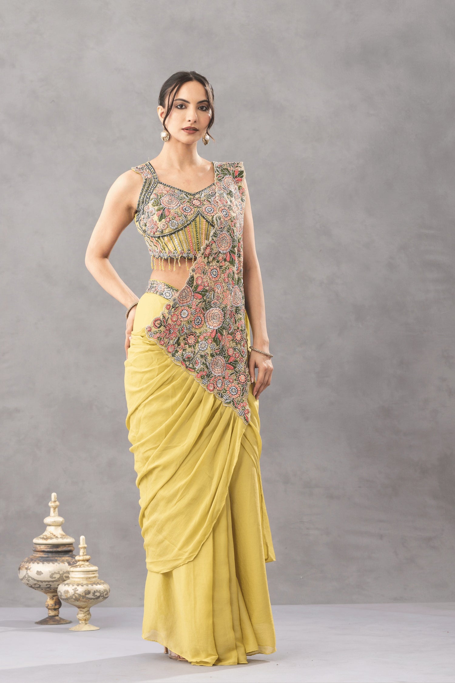Antique Mustard Draped Saree with Floral Embroidered Blouse