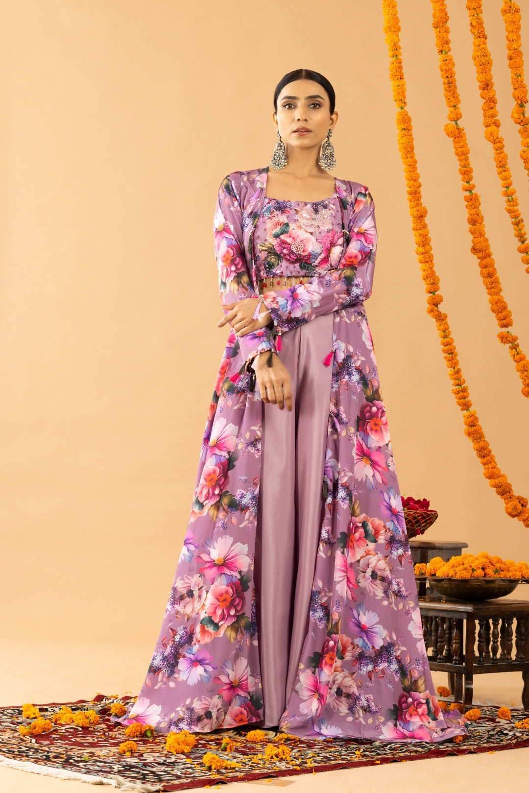 Lilac Palazzo Set with Printed Cape and Blouse