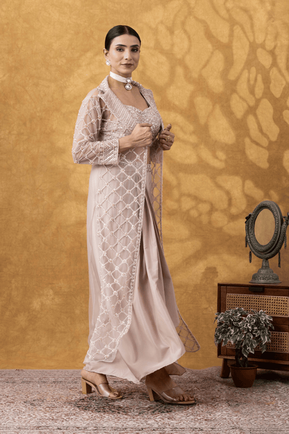 Nude Champagne Embellished Jacket &amp; Drape Skirt Set