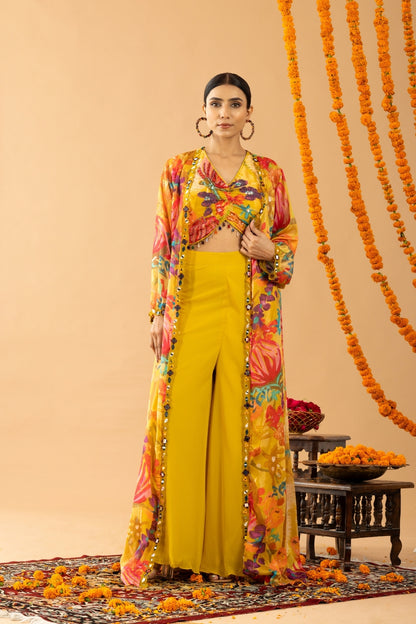 Yellow Fox Georgette Palazzo Set with Printed Cape