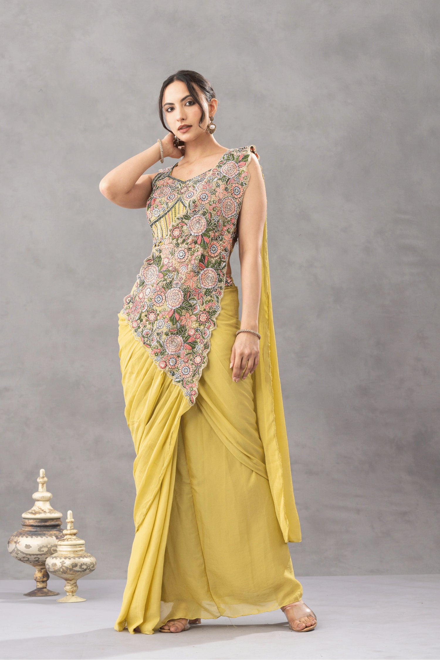 Antique Mustard Draped Saree with Floral Embroidered Blouse