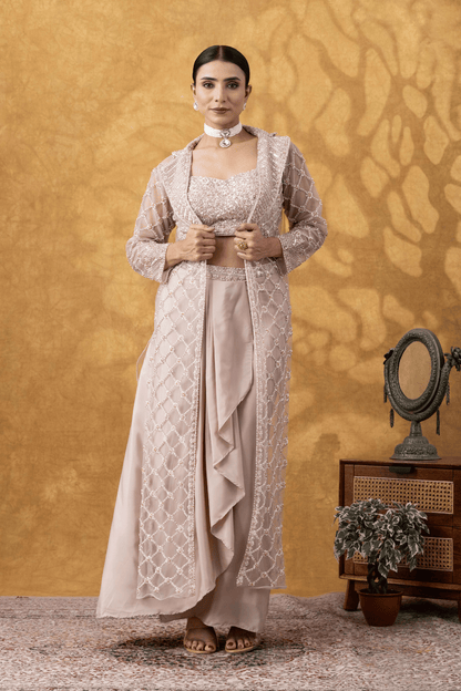 Nude Champagne Embellished Jacket &amp; Drape Skirt Set