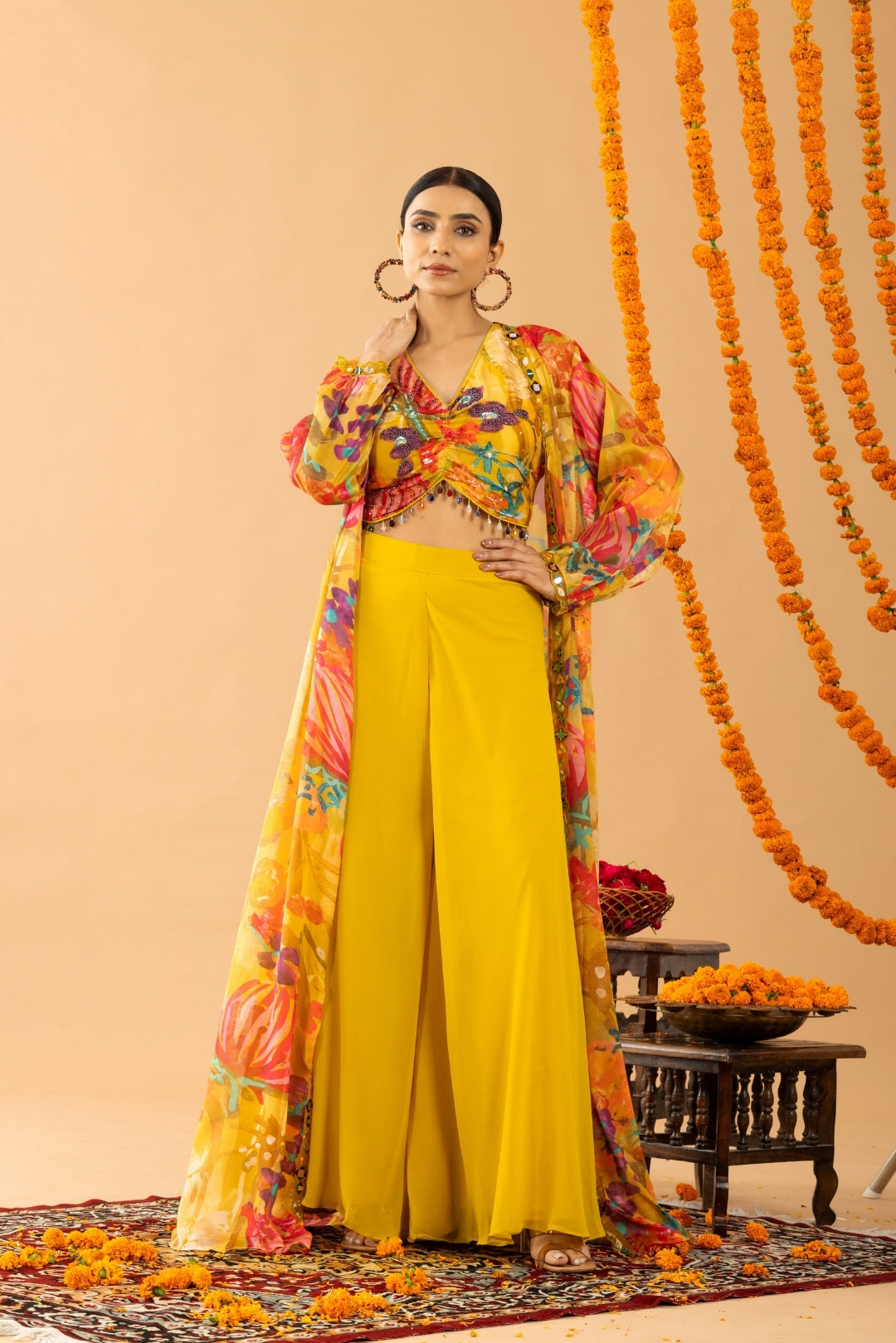 Yellow Fox Georgette Palazzo Set with Printed Cape