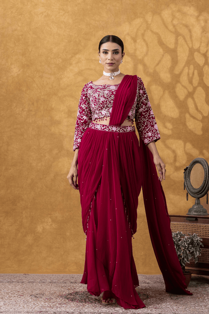 Wine Red Embroidered Ready to Wear Saree Set
