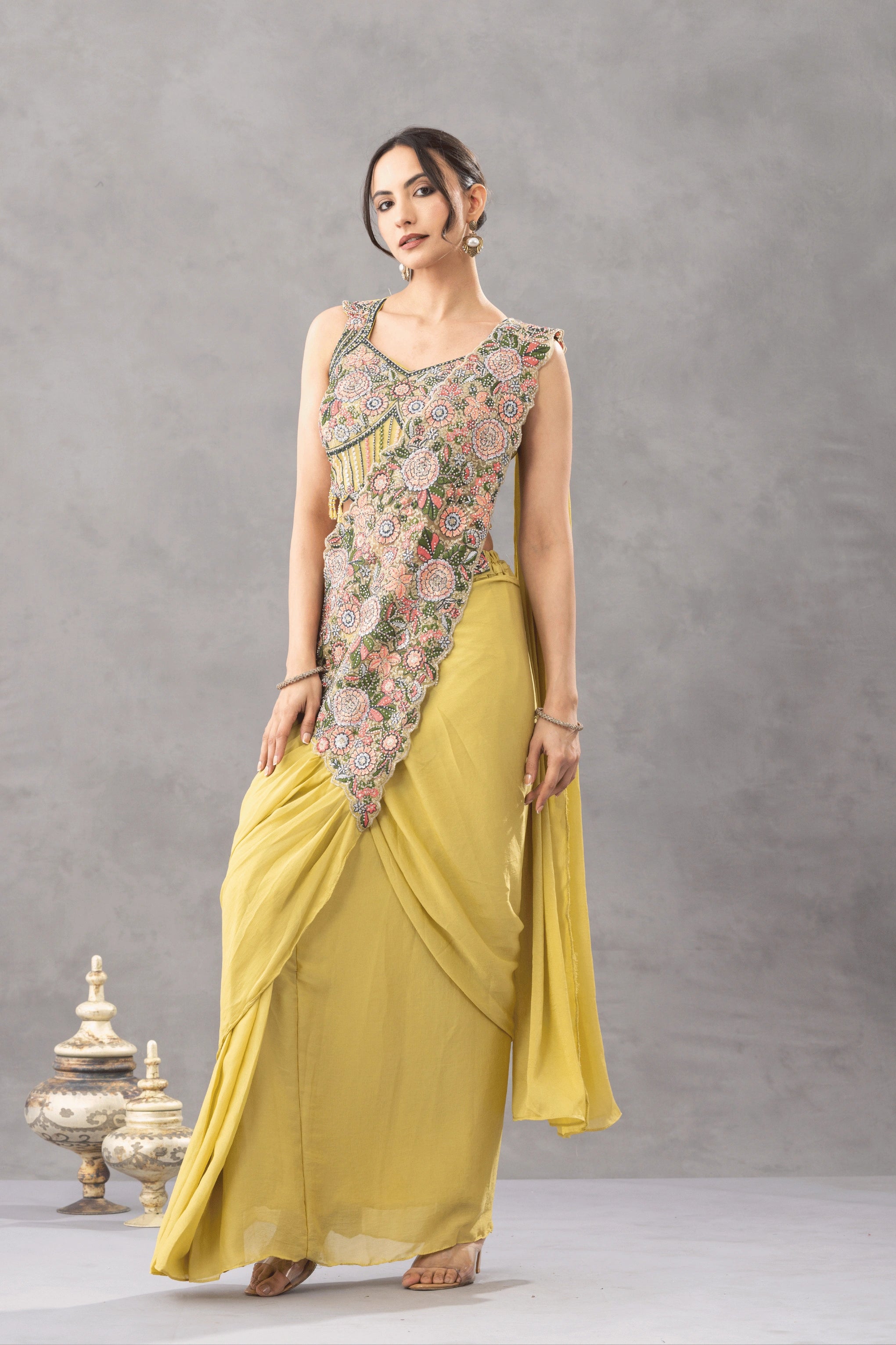 Antique Mustard Draped Saree with Floral Embroidered Blouse