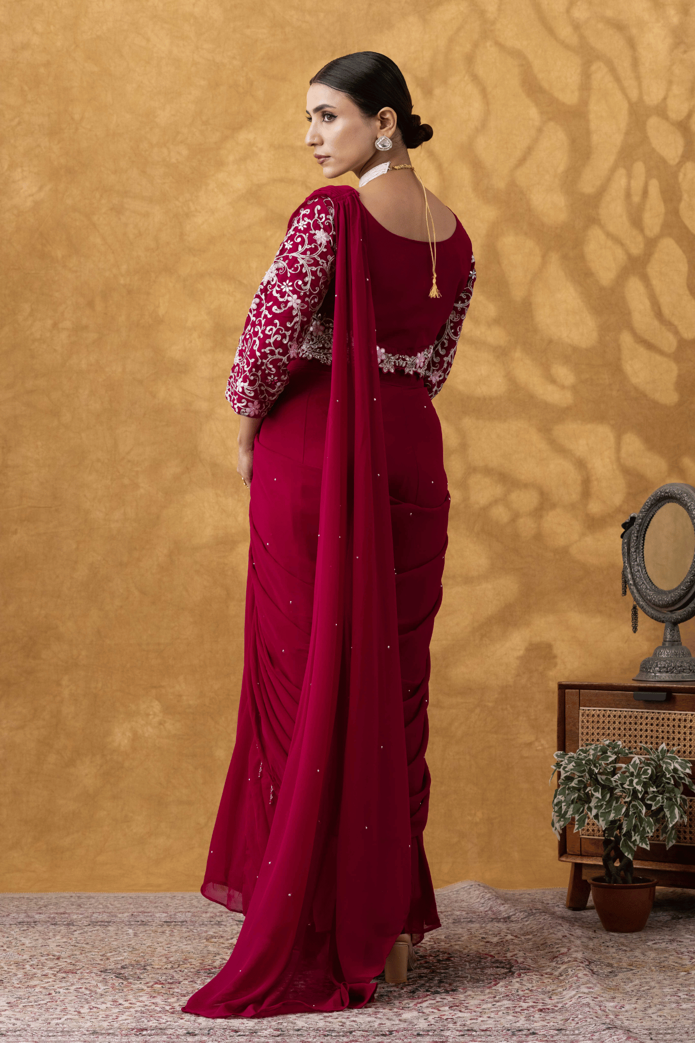 Wine Red Embroidered Ready to Wear Saree Set