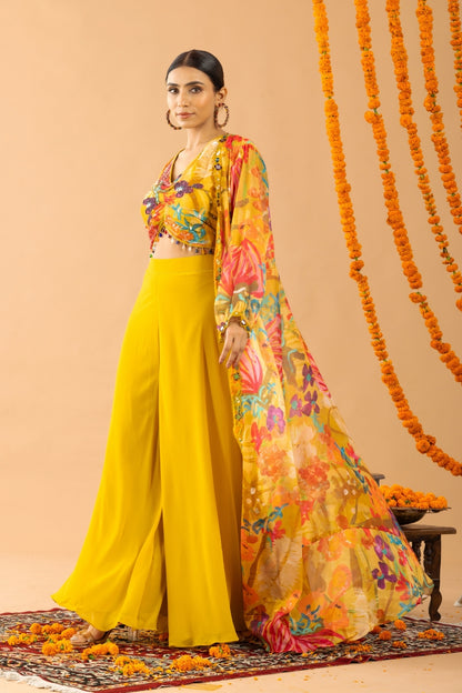 Yellow Fox Georgette Palazzo Set with Printed Cape