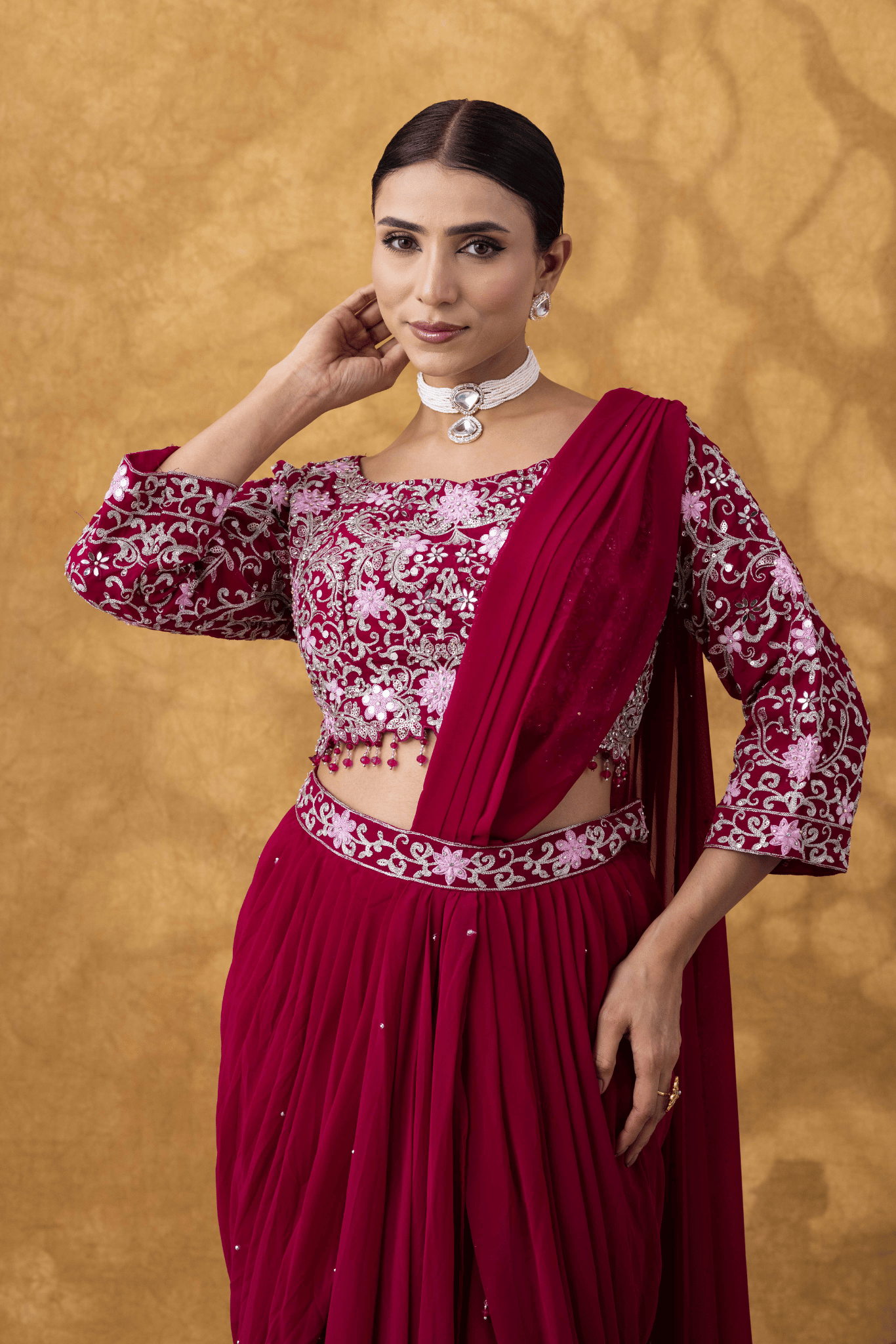 Wine Red Embroidered Ready to Wear Saree Set