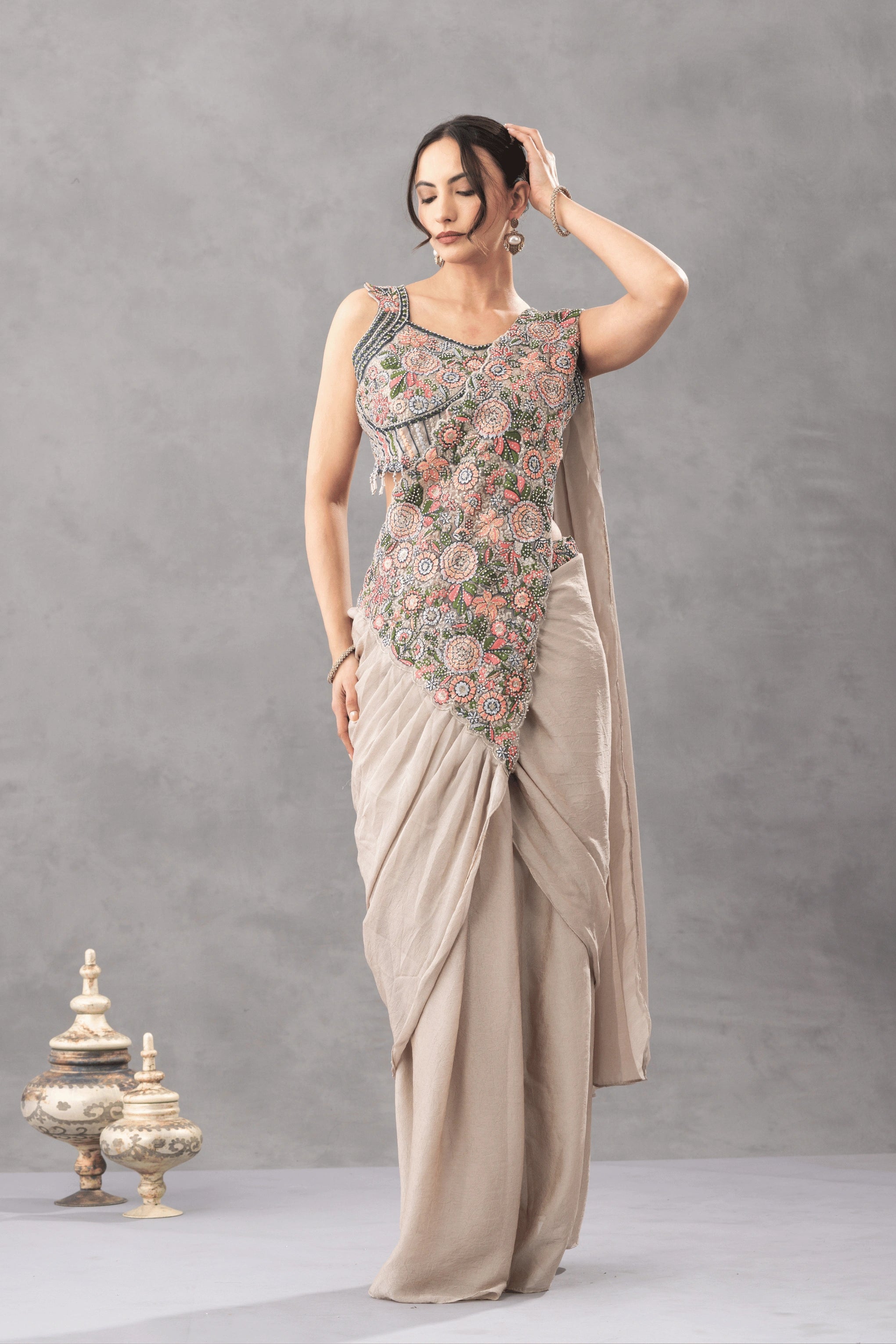 Warm Beige Draped Saree with Floral Embroidered Blouse