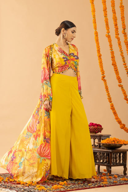 Yellow Fox Georgette Palazzo Set with Printed Cape