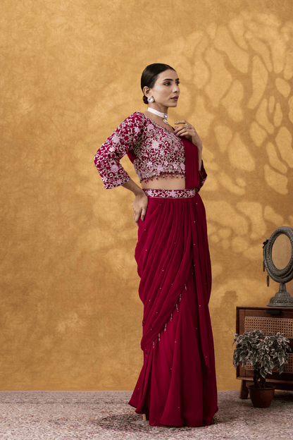 Wine Red Embroidered Ready to Wear Saree Set
