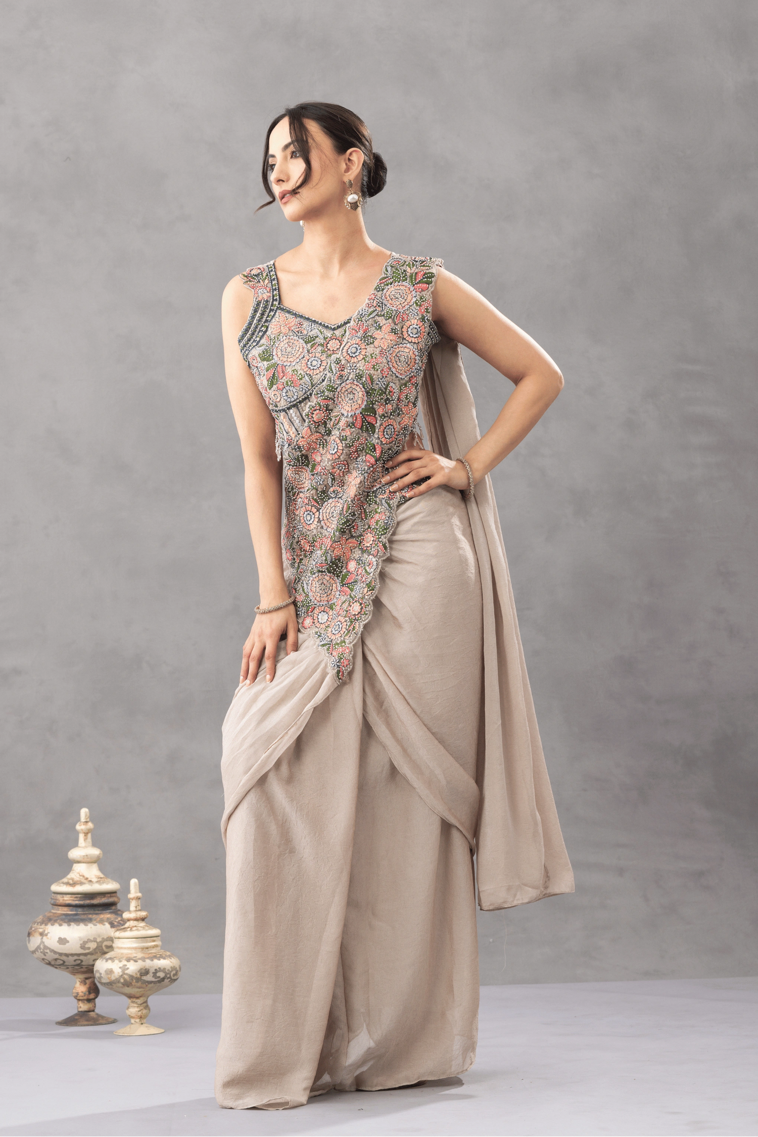 Warm Beige Draped Saree with Floral Embroidered Blouse