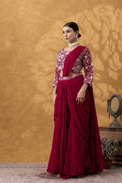 Wine Red Embroidered Ready to Wear Saree Set
