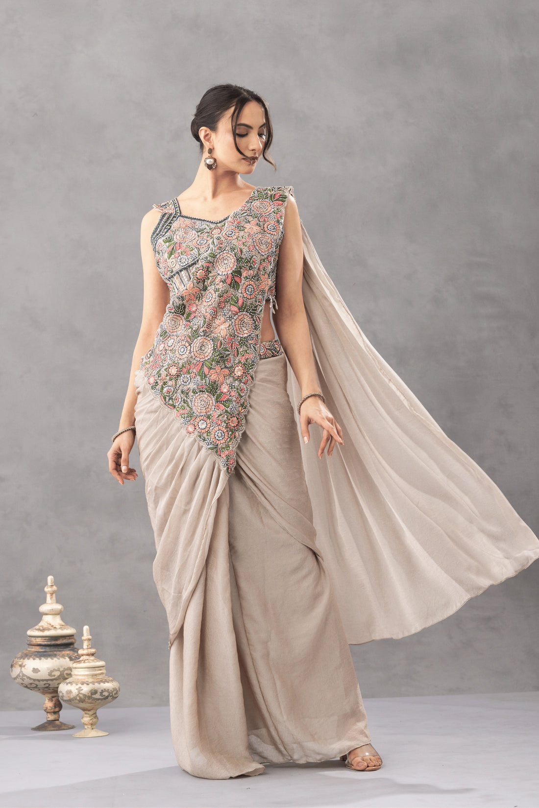 Warm Beige Draped Saree with Floral Embroidered Blouse