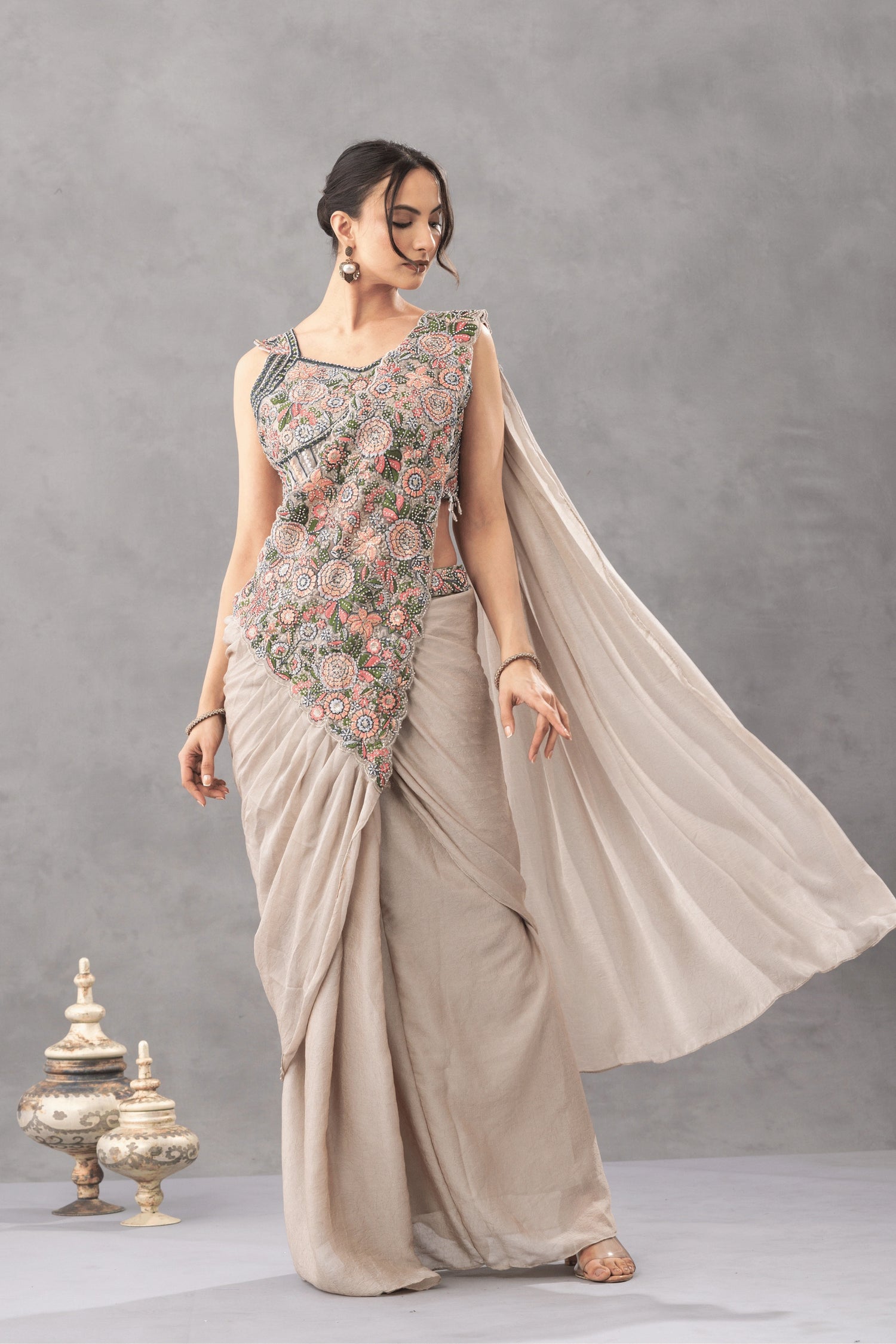 Warm Beige Draped Saree with Floral Embroidered Blouse