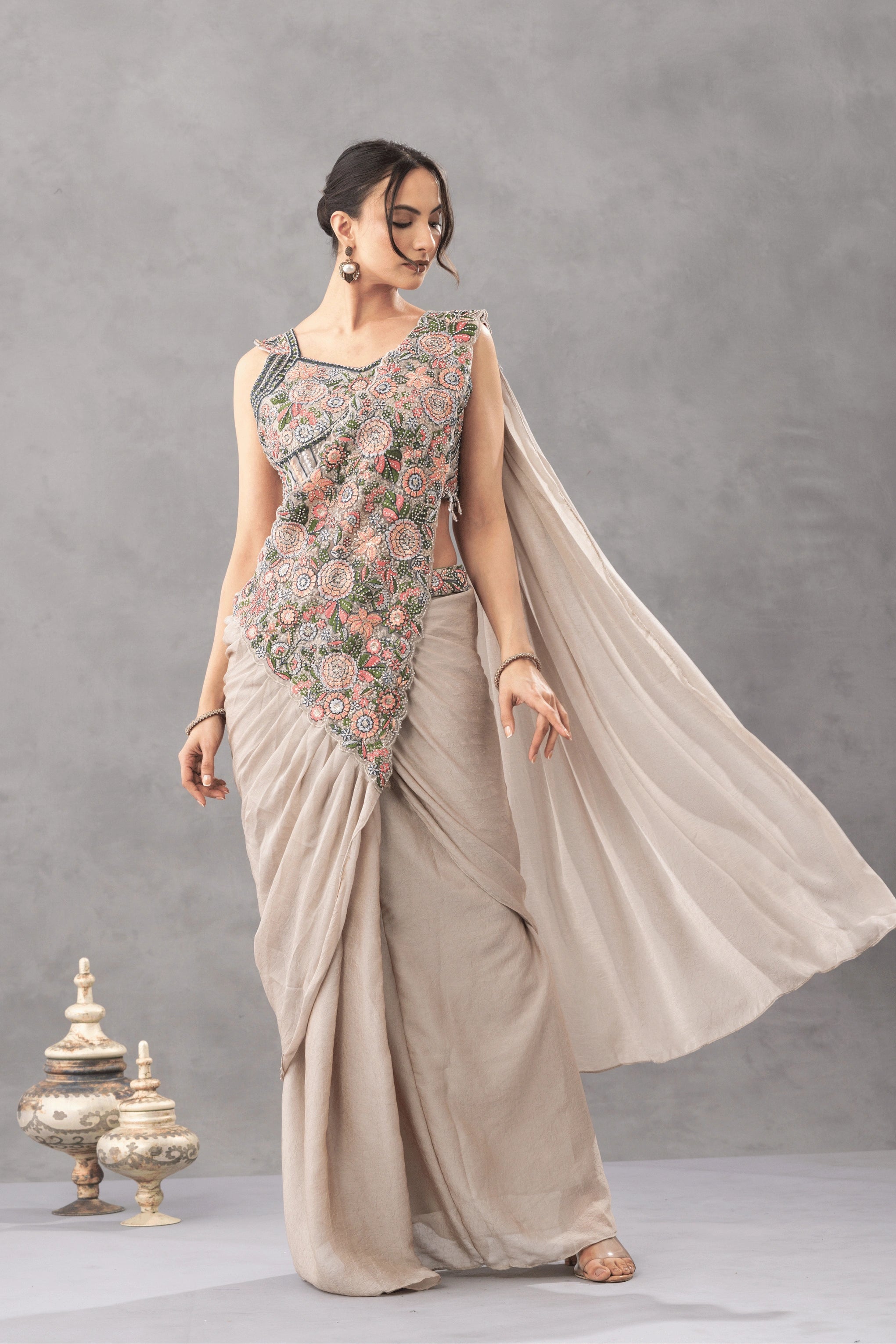 Warm Beige Draped Saree with Floral Embroidered Blouse