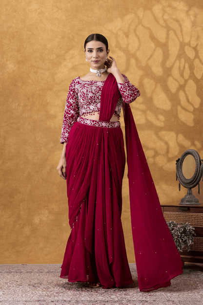 Wine Red Embroidered Ready to Wear Saree Set